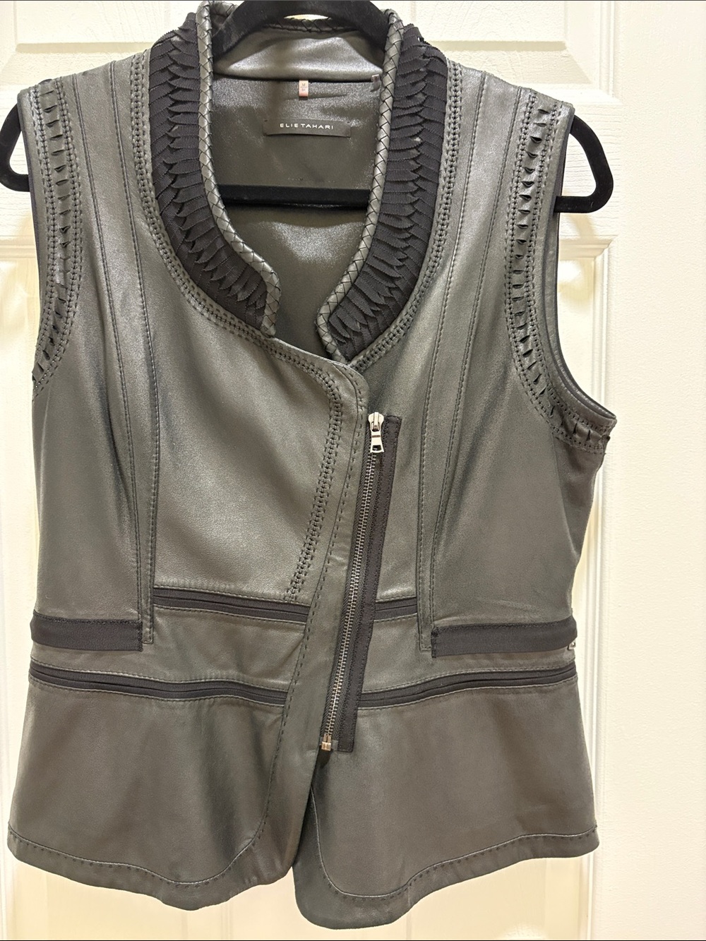 Elie Tahari Charcoal Braided-Trim Leather Sleeveless Vest